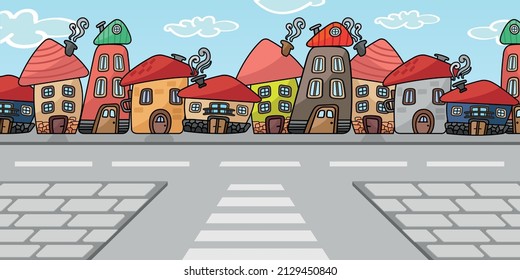 Cute colorful houses. Colorful house drawings in neighborhood, street, street view.