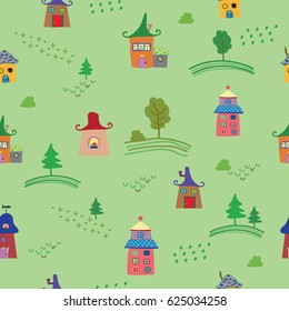 Cute colorful houses seamless pattern. Vector illustration. Fabric, textile, texture