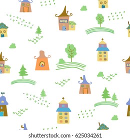 Cute colorful houses seamless pattern. Vector illustration. Fabric, textile, texture