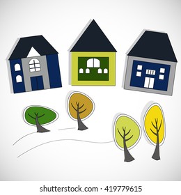 Cute and colorful houses and trees.Vector 