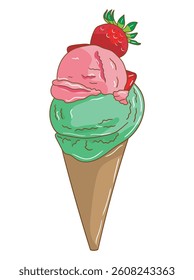 Cute and colorful ice cream cone illustration perfect for food-related designs, printable, advertising, children’s products, and seasonal summer graphics.