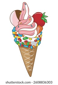 Cute and colorful ice cream cone illustration perfect for food-related designs, printable, advertising, children’s products, and seasonal summer graphics.