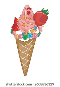 Cute and colorful ice cream cone illustration perfect for food-related designs, printable, advertising, children’s products, and seasonal summer graphics.