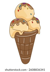 Cute and colorful ice cream cone illustration perfect for food-related designs, printable, advertising, children’s products, and seasonal summer graphics.