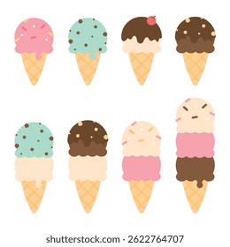 Cute colorful ice cream cone. Flat design illustration.