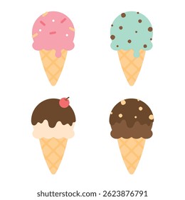 Cute colorful ice cream cone. Flat design illustration.