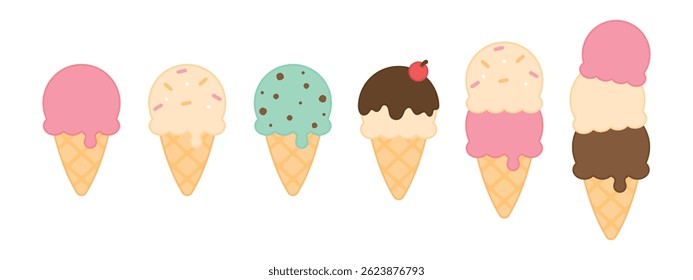 Cute colorful ice cream cone. Flat design illustration.