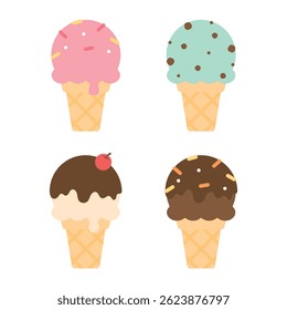 Cute colorful ice cream cone. Flat design illustration.