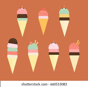 Cute colorful ice cream cone design with cherry and topping sprinkles. Vector image