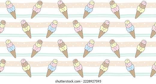 Cute colorful ice cream cones with funny faces on a soft striped background with dots. Endless texture with kawaii dessert characters. Vector seamless pattern for wrapping paper and surface texture