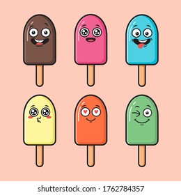 Cute colorful ice cream popsicle mascot character design. Kawaii cartoon style vector icon illustration of various flavor ice cream with funny face expression. 