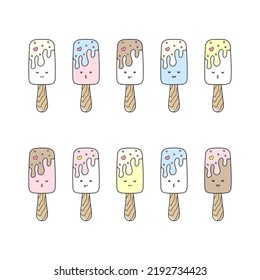 Cute colorful ice cream, popsicle with funny faces on a white background. Summer food and dessert. Vector set of kawaii sweet characters for ice cream shop, confectionery, cafeteria, packaging, print