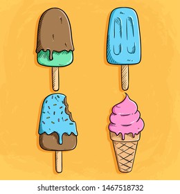Cute Colorful Ice Cream Stick and Cone on Yellow Background
