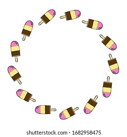 Cute colorful ice cream vector circle frame on white background