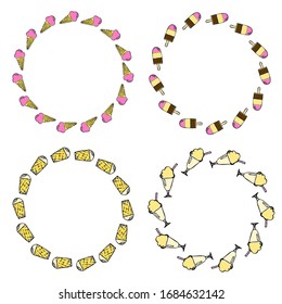 Cute colorful ice cream vector circle frame set collection on white background