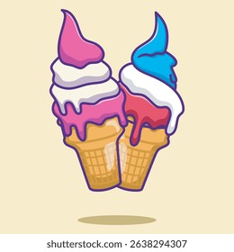 Cute colorful ice cream waffle cones cartoon. Melting ice cream illustration. Vanilla, Bubble gum.