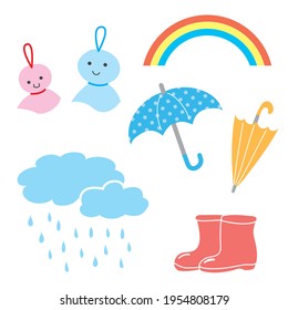 Cute colorful icon set of rainy season items