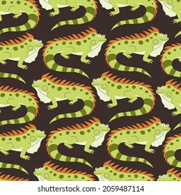 Cute colorful iguanas with funny eyes hand drawn vector illustration.  Adorable lizard baby character. Animal seamless pattern.