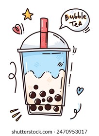 cute colorful illustration of blue bubble tea. art for print, menu or postcards