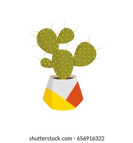 cute colorful illustration of cacti into modern pot on white background. can be used for stickers, posters or cards