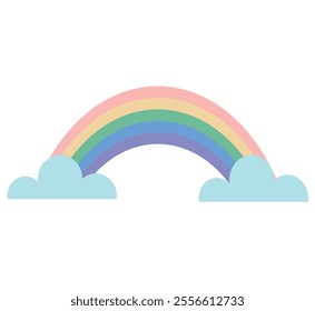 A cute and colorful illustration of a child's rainbow with fluffy clouds at both end.