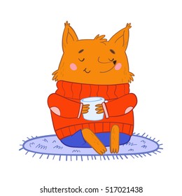 Cute colorful illustration of a fox in a sweater enjoying a hot beverage