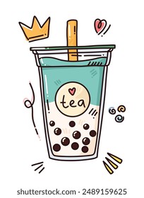 cute colorful illustration of green bubble tea. art for print, menu or postcards