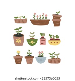 Cute colorful illustration of home and garden plants in pots. Vector botanical graphic set with cute florals. Home decorations and interior design elements. House plants flat handdrawn cliparts.