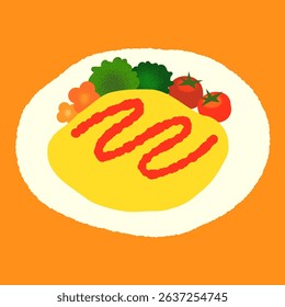 A cute and colorful illustration of Japanese-style omurice served with vegetables and ketchup. Perfect for food-related content, menu design, and culinary graphics.