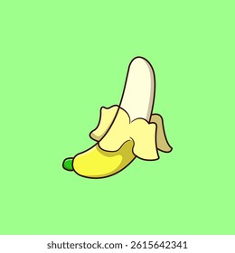 A cute and colorful illustration of a peeled banana in kawaii cartoon style on a bright green background. Perfect for stickers, prints, kids’ designs, or healthy food content.