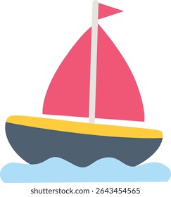 A cute and colorful illustration of a sailing boat with a pink sail on the water, perfect for nautical or adventure themes.