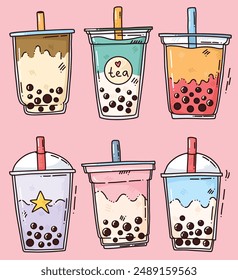 cute colorful illustration of set bubble tea. art for print, menu or postcards