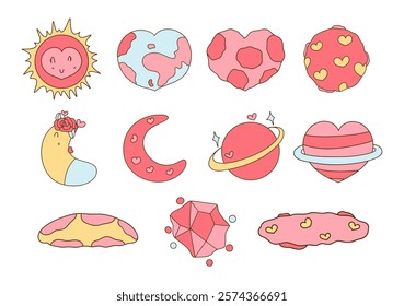 A Cute and colorful illustrations of hearts, planets, and celestial objects, featuring sun, earth, and various whimsical designs. Perfect for Valentine Day or romantic themes