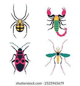 Insectos coloridos lindos. Araña viuda negra, escorpión, chinche, mosquito. Ilustración vectorial conjunto de iconos.