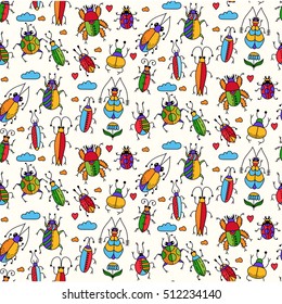 Cute colorful insects bugs and beetles doodle hand drawn seamless vector pattern