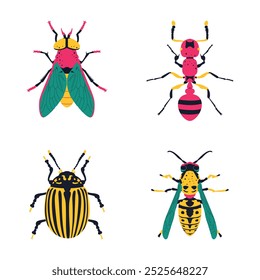 Insectos coloridos lindos. Mosca, hormiga, avispa, escarabajo de la patata de Colorado. Ilustración vectorial conjunto de iconos.