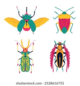 Insetos coloridos bonitos. Piesarthrius marginellus, Fusca, Macrodontia cervicornis. Conjunto de ícones de ilustração vetorial.