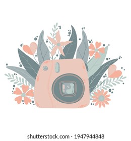 Cute colorful instant photo camera with fllowers in flat cartoon style. Vector hand drawn compact camera with floral illustration with pastels colors. Isolated on white background.