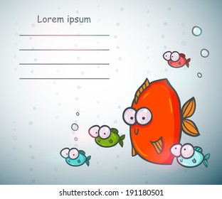 Cute colorful invitation or greeting card template with cartoon marine animals.