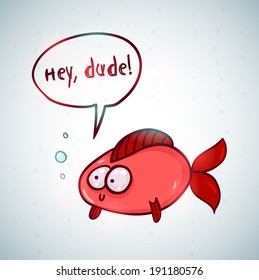 Cute colorful invitation or greeting card template with cartoon fish.