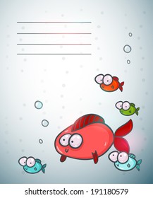 Cute colorful invitation or greeting card template with cartoon marine animals.