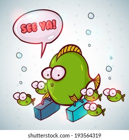 Cute colorful invitation or greeting card template with cartoon fish family. 