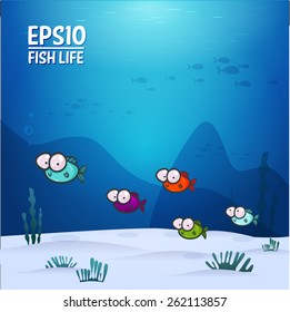 Cute colorful invitation or greeting card template with cartoon fish family. 