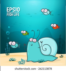 Cute colorful invitation or greeting card template with cartoon snail and fish family. 