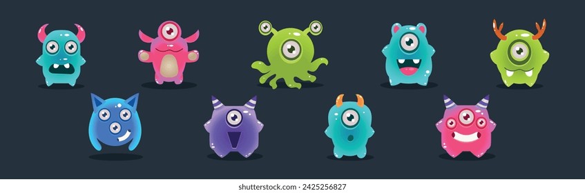 Cute Colorful Jelly Monster and Funny Aliens Vector Set