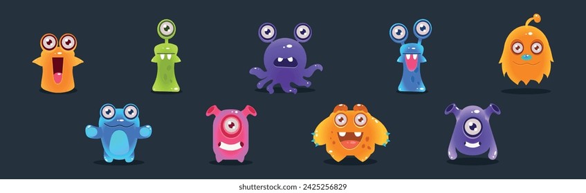 Cute Colorful Jelly Monster and Funny Aliens Vector Set