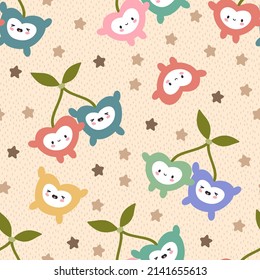 cute colorful kawaii cherries with happy faces on a beige dashed texture backgrount with brown stars, fruit kids seamless pattern background for decor, fabric and textile print, wrapping paper design