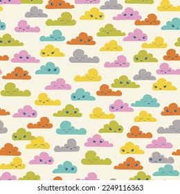 Cute colorful kawaii clouds seamless vector pattern