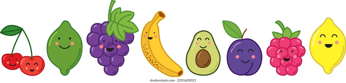 Cute colorful kawaii fruits collection with smily faces. Vector illustration	