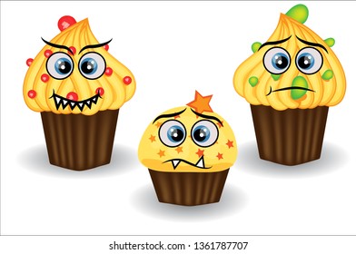 Cute and colorful kawaii style muffin emoticons collection expressing different emotions, feelings.